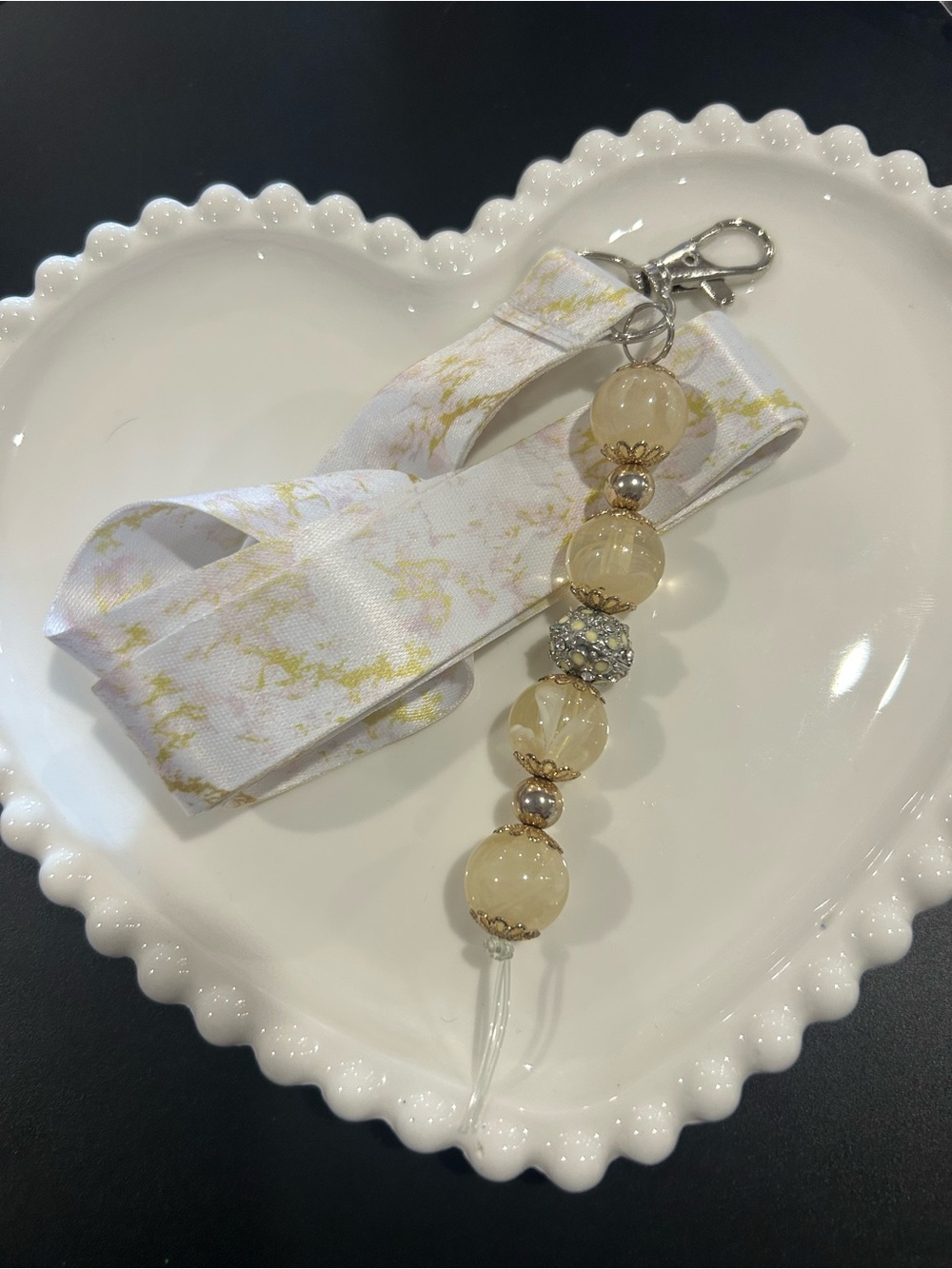 Beaded Lanyard Keychain with White and Gold Strap